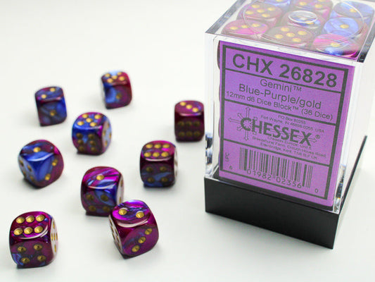 Chessex Gemini Blue Purple/Gold 12mm D6 Dice Block (36 dice)