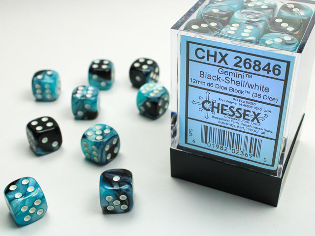 Chessex Gemini Black Shell/White 12mm D6 Dice Block (36 dice)