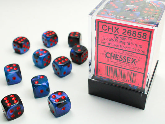 Chessex Gemini Black Starlight/Red 12mm D6 Dice Block (36 dice)