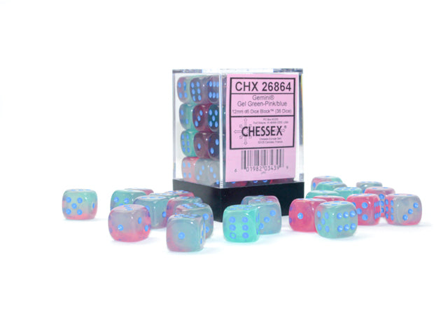 Chessex Gemini Gel Green Pink/Blue 12mm D6 Dice Block (36 dice)