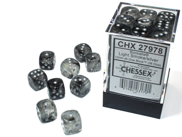 Chessex Borealis Light Smoke/Silver Luminary 12mm D6 Dice Block (36 dice)