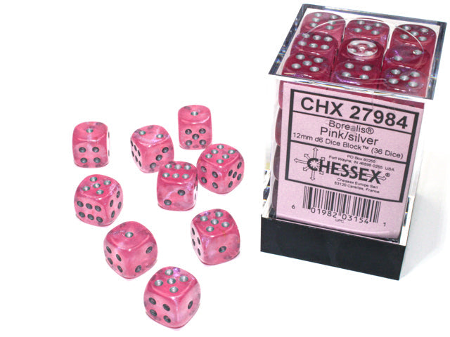 Chessex Borealis Pink/Silver Luminary 12mm D6 Dice Block (36 dice)