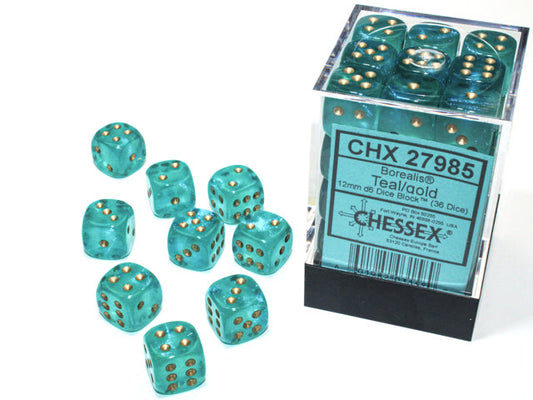 Chessex Borealis Teal/Gold Luminary 12mm D6 Dice Block (36 dice)