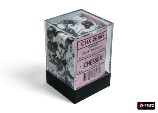 Chessex Gemini Black White/Pink 12mm D6 Dice Block (36 dice)