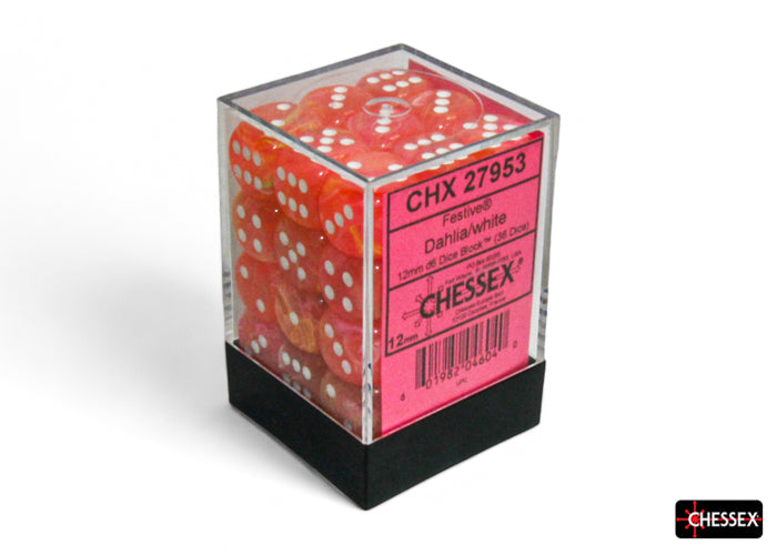 Chessex Festive Dahlia/White Luminary 12mm D6 Dice Block (36 dice)