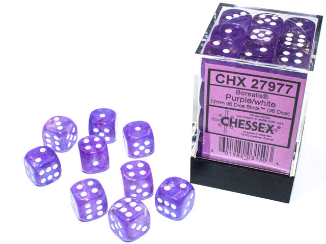 Chessex Borealis Purple/White Luminary 12mm D6 Dice Block (36 dice)