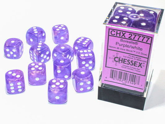 Chessex Borealis Purple/White Luminary 16mm D6 Dice Block (12 dice)