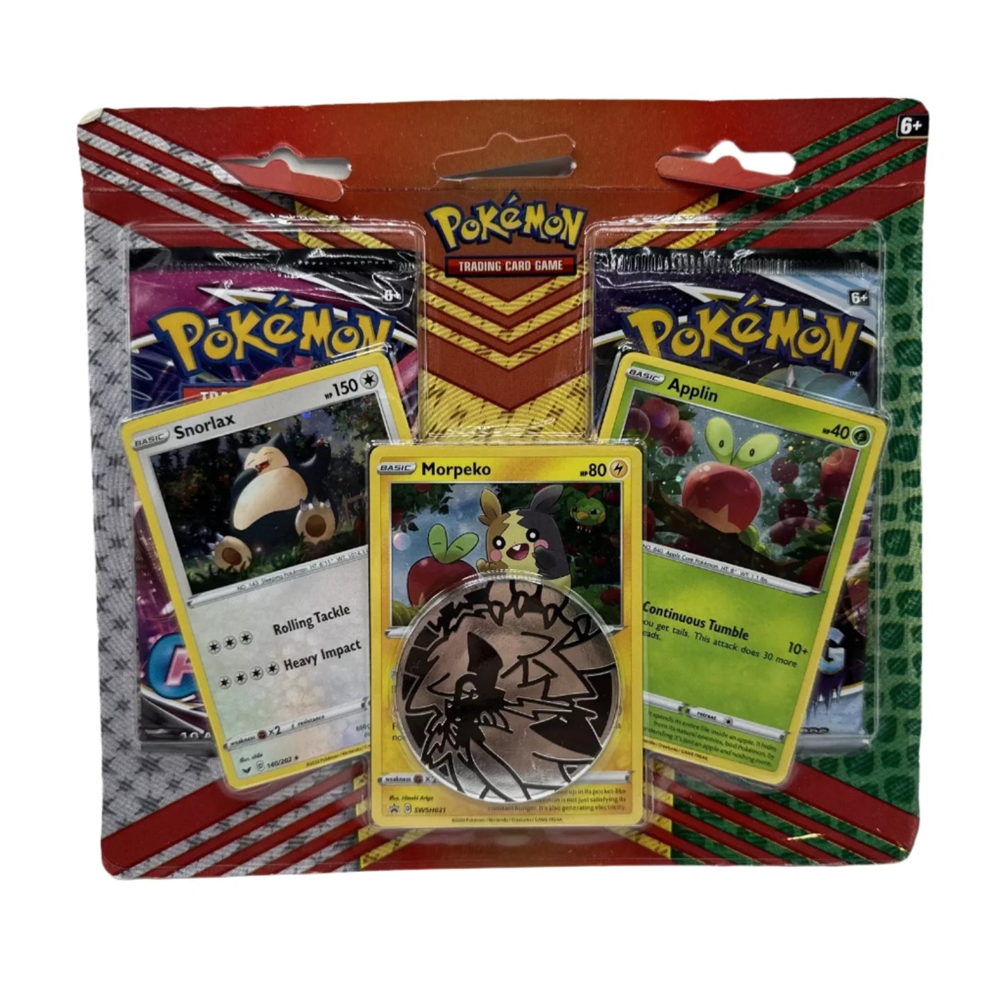 Pokemon - Snorlax Morpeko and Applin Cards with 2 Booster Packs & Coin - Fusion Strike/Chilling Reign